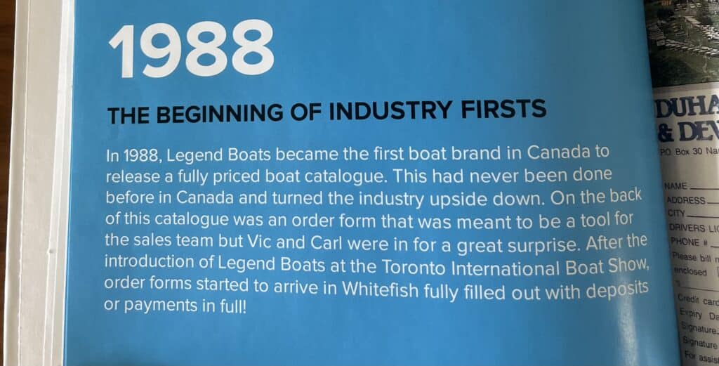 Excerpt from book titled "1988: The Beginning of Industry Firsts". Goes on to explain how Legend Boats used innovation to become the first boat brand in Canada to release a fully priced catalogue.