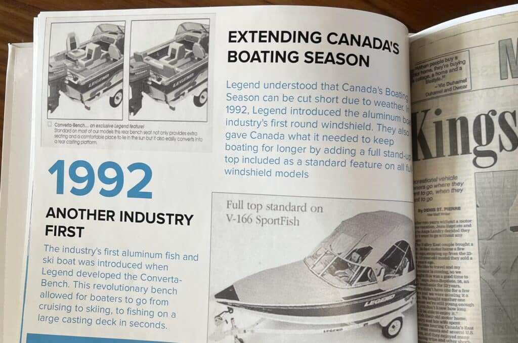 Excerpt from a book showing Legend Boats' innovative curved windshield design. "Another Industry First".