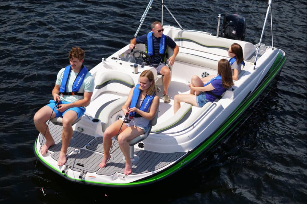 Legend Boats Vibe D20 deck boat. Showcasing innovative fishing layout.