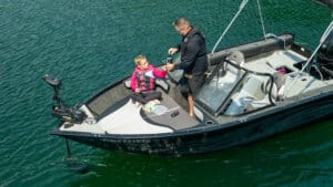 Having snacks on the Legend Boats F17 Bow cushions